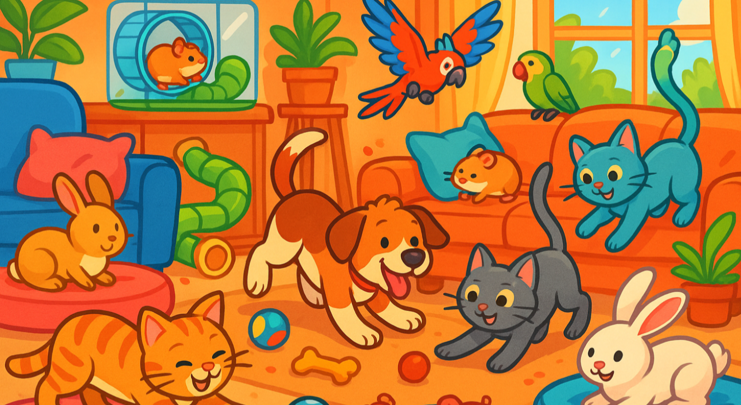 immagine di cani gatti pappagalli criceti conigli ,stile cartoon tutto colorato, che giocano in un luogo confortevole